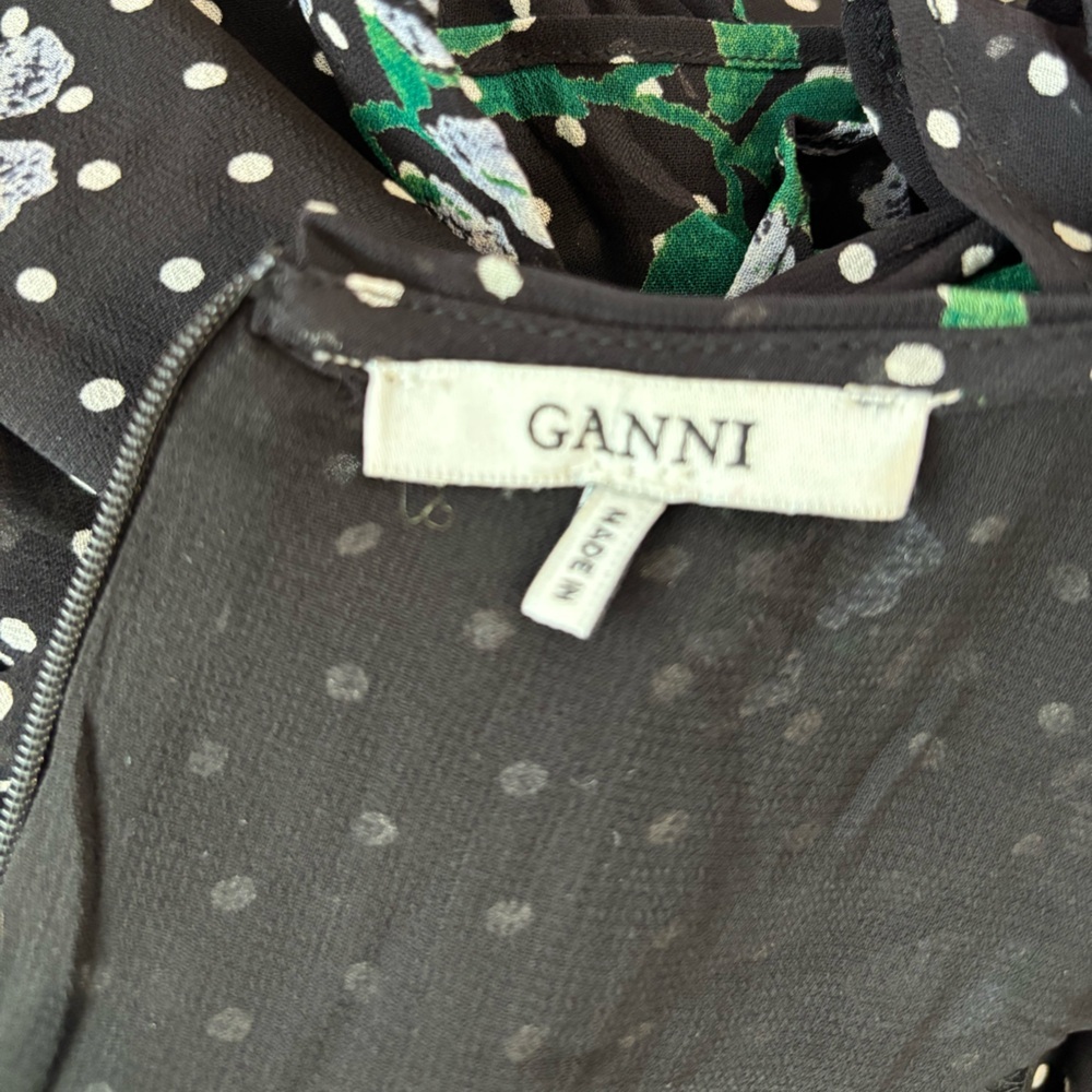 Ganni Rometty Georgette Polka Dot Floral Midi Dress Long Sleeve Black Size U.S 6 - Picture 15 of 16